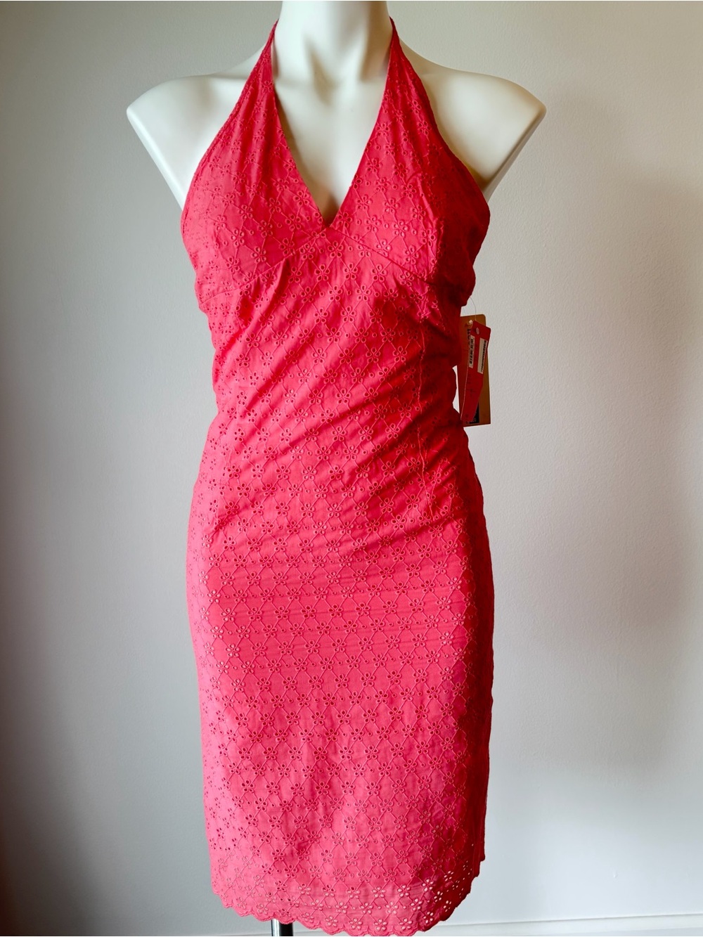 Coral Pink Halter Eyelet Midi Dress